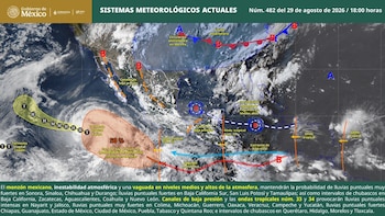 Mapa satelital de México con nubosidad, símbolos meteorológicos, zonas de presión y trayectorias de tormentas en las costas