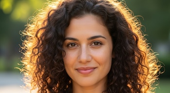 Primer plano de una mujer sonriendo con cabello rizado oscuro, contorneado por la luz del sol que resalta la textura y la porosidad de sus rizos.