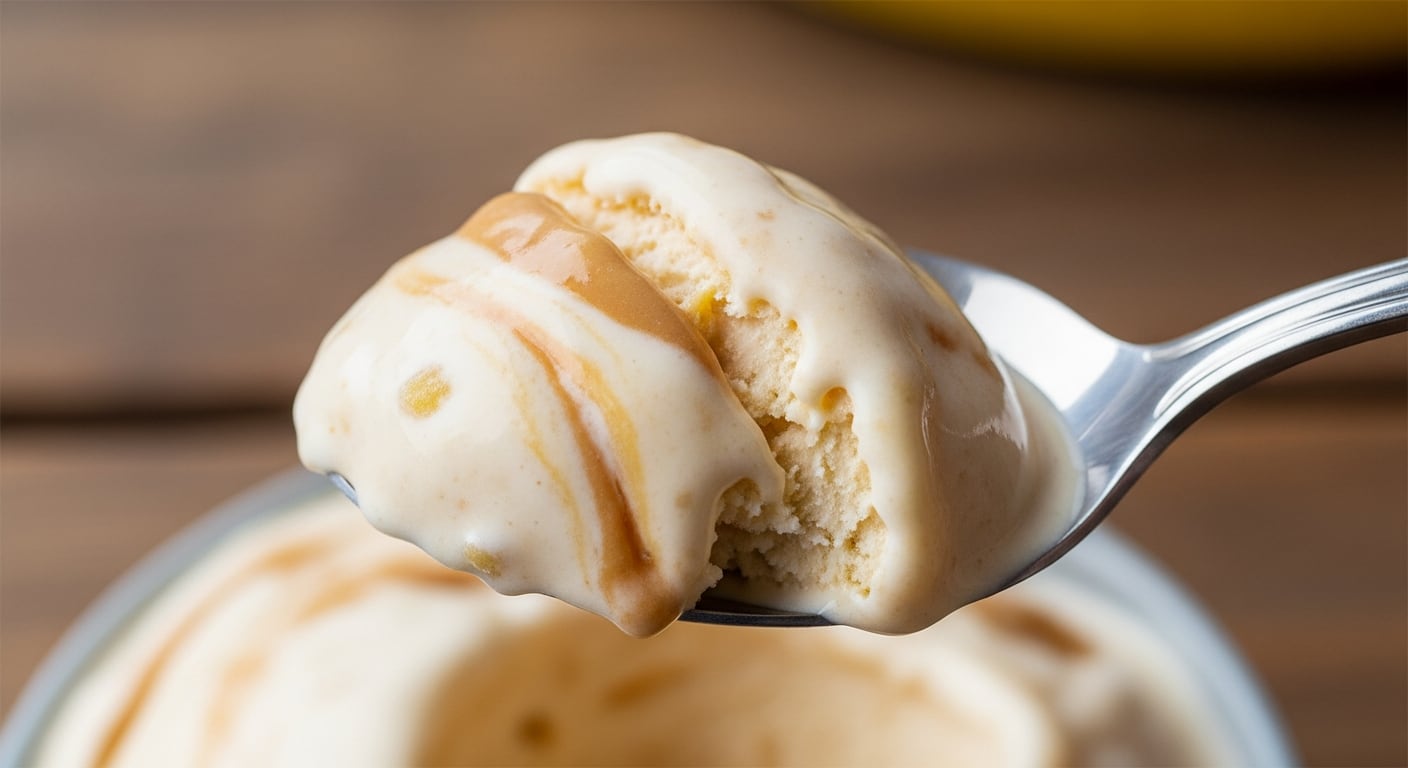 Primer plano de helado cremoso de banana y mantequilla de maní servido en una cuchara, destacando su textura suave y brillante. (Imagen Ilustrativa Infobae)