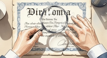 Detalle cercano de una ilustración en acuarela que muestra dos manos sosteniendo una lupa sobre un diploma con texto ilegible y bordes decorativos.