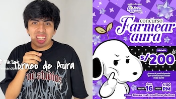 Hombre joven con expresión facial y texto "Torneo de Aura" a la izquierda, afiche morado de "Concurso Farmear aura" con Snoopy a la derecha