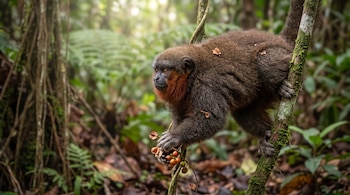 Mono de pelaje marrón y cuello rojizo sujetado a una rama arbolada mientras sostiene frutos pequeños con sus patas.