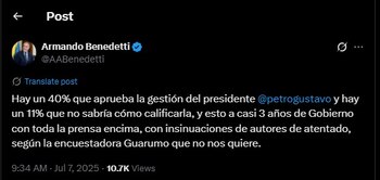 Armando Benedetti celebró los resultados de la encuesta en su cuenta de X - crédito @AABenedetti