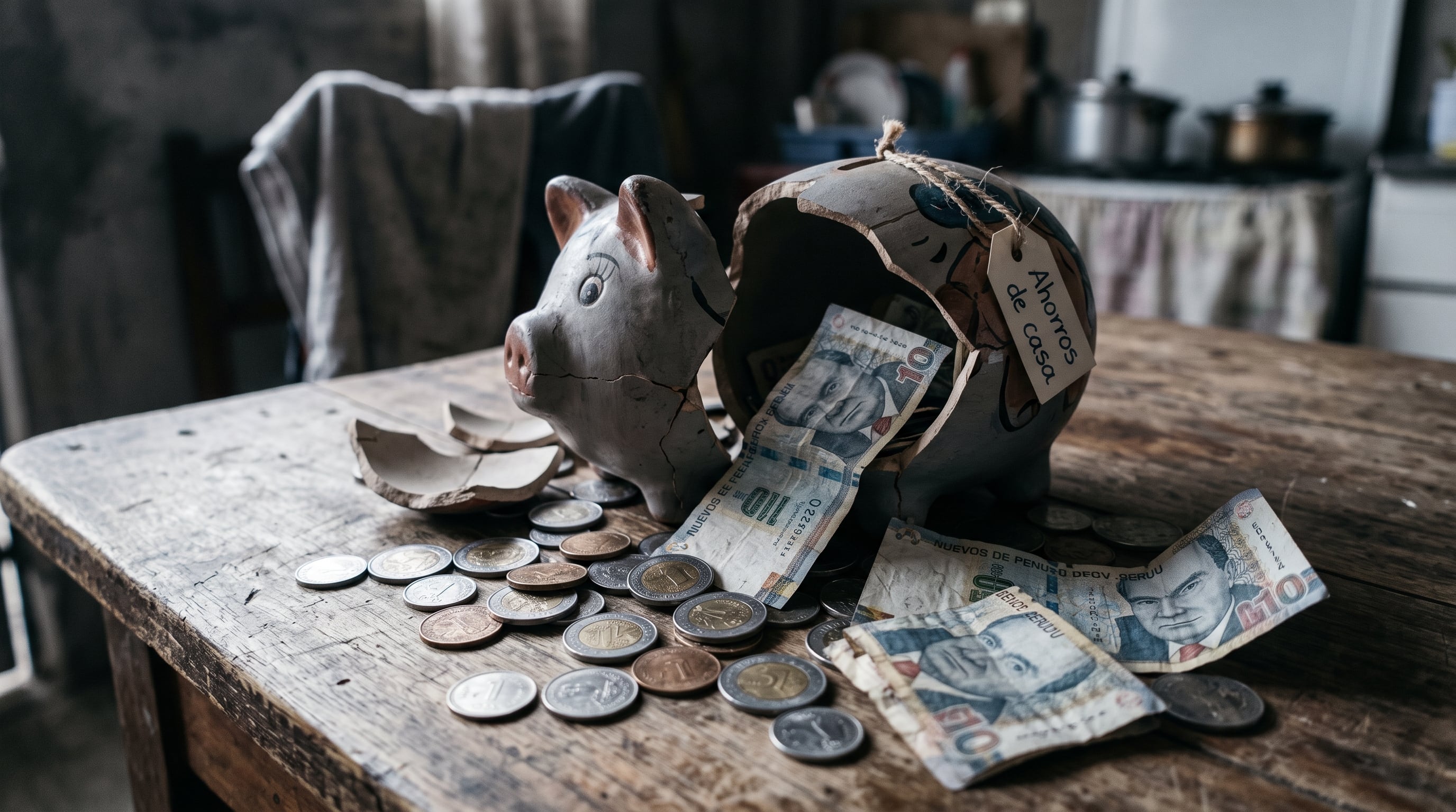 Una alcancía de cerámica rota con la etiqueta Ahorros de casa, junto a billetes y monedas peruanas, ilustra la pérdida de capacidad de ahorro en los hogares. (Imagen Ilustrativa Infobae)