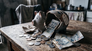 Alcancía rota de cerámica con una etiqueta que dice Ahorros de casa, rodeada de monedas y billetes peruanos sobre una mesa de madera.