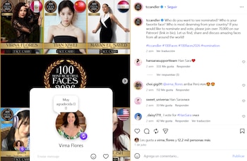 Publicación de Instagram con fotos de Virna Flores, Tian Xiwei, Mayan El Sayed y Pami, logo "Los 100 Rostros Más Bellos", banderas de Perú, China, Egipto y Estados Unidos