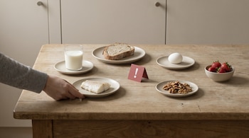 Mano moviendo plato de pescado en mesa de madera con leche, pan, huevo, nueces, fresas y cartel de advertencia de alergias.