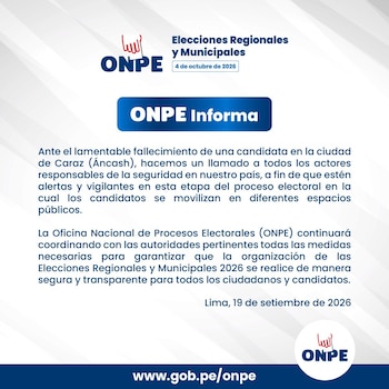 Comunicado de la Oficina Nacional de Procesos Electorales con texto sobre la seguridad de candidatos en las elecciones regionales de Perú