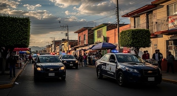 Vista frontal de dos patrullas policiales con luces encendidas en una calle urbana. Edificios coloridos y personas en aceras completan la escena bajo un cielo nublado.