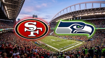 Emblemas de San Francisco 49ers y Seattle Seahawks sobre la imagen del interior del estadio Lumen Field con público en las gradas.