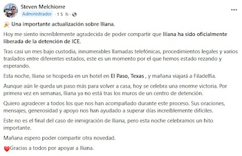 Steven Melchiorre confirmó en redes sociales que la niñera argentina ya no permanece en un centro de detención migratoria