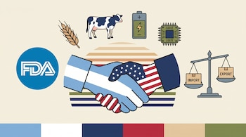 Ilustración de manos argentina y estadounidense estrechándose, con símbolos de trigo, vaca, litio, microchip, FDA y balanza comercial sobre un fondo beige.