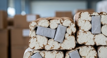 Corte transversal de bloques de yuca industrial que muestran varios paquetes rectangulares envueltos en plástico transparente ocultos en su interior, con un fondo difuminado de cajas.