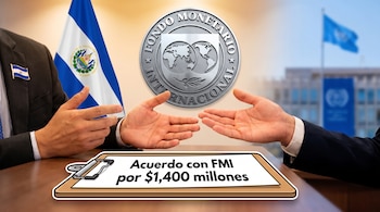 Manos de dos hombres en trajes, bandera y pin de El Salvador, logo del Fondo Monetario Internacional, pizarra con texto "Acuerdo con FMI por $1,400 millones".