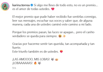 La publicación de Karina Torres agradece el respaldo recibido durante su paso por La Casa de los Famosos México. (Instagram/@karina.torrea)