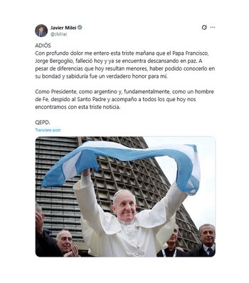 Tweet del presidente argentino, Javier