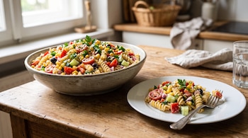 Un recipiente con ensalada de pasta y maíz junto a un plato blanco con un tenedor sobre una mesa de madera en una cocina.