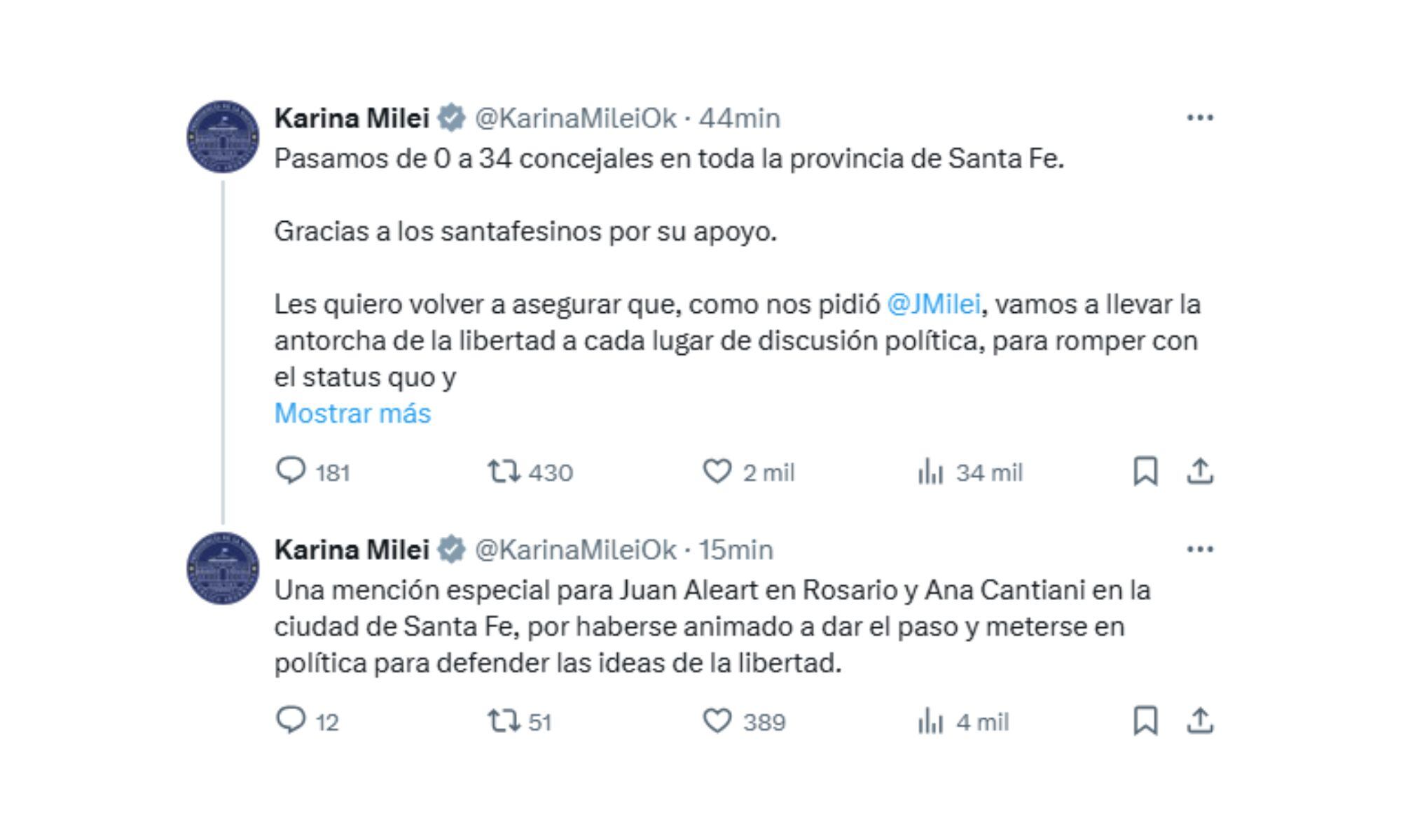 Karina Milei celebró el resultado de La Libertad Avanza en las elecciones en Santa Fe