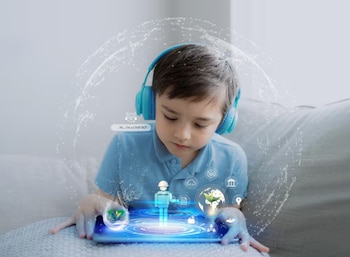 Niño con auriculares azules sentado, observa una tableta con hologramas de un robot, iconos tecnológicos y una burbuja de chat que dice "Hi... I'm a CHAT BOT"