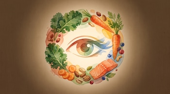 Un ojo en el centro rodeado por hojas de col kale, zanahorias, un lomo de salmón, frutos secos y bayas sobre un fondo de tono crema.