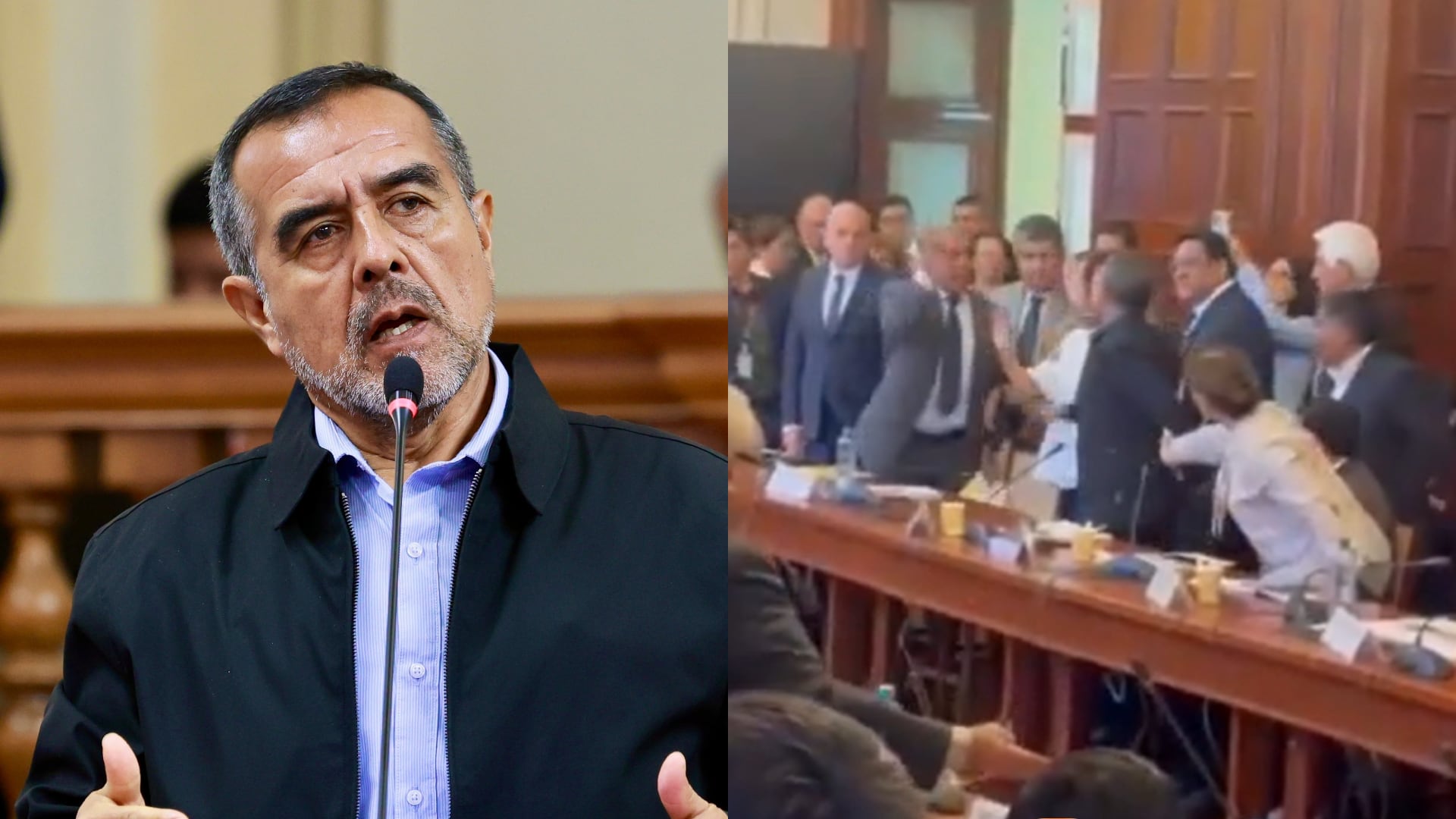 El senador Iber Maraví interviene en el Congreso junto a imágenes del altercado registrado durante la sesión de la Comisión de Constitución. (Composición: Infobae Perú)