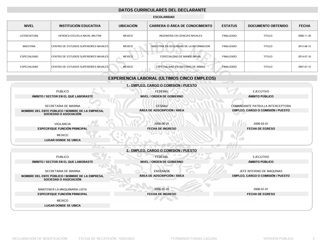 Datos académicos del excontralmirante Fernando Farías. Crédito: DeclaraNet