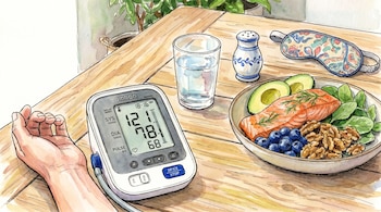 Brazo con monitor de presión arterial Omron. Sobre mesa de madera, junto a vaso de agua, salero, antifaz y plato con salmón, aguacate, arándanos, espinacas y nueces.