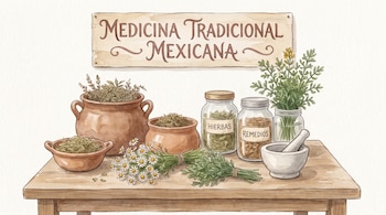 Cartel que dice "MEDICINA TRADICIONAL MEXICANA" sobre mesa de madera con vasijas, frascos de hierbas y remedios, manojos de plantas y un mortero con mazo.