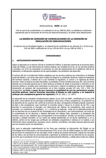 La Resolución CRC 8255 de 2026 estableció topes tarifarios para la reconexión de servicios de telecomunicaciones cuando los usuarios incurren en mora en el pago de sus facturas - crédito CRC