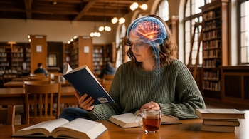 Mujer lee libro en biblioteca con un cerebro digital iluminado sobre su cabeza. Mesas de madera, estanterías llenas de libros y ventanas arqueadas son visibles.