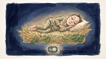 Dibujo de una persona dormida sobre una base de espigas de trigo, semillas y legumbres, sobre una pantalla con una onda cardíaca.