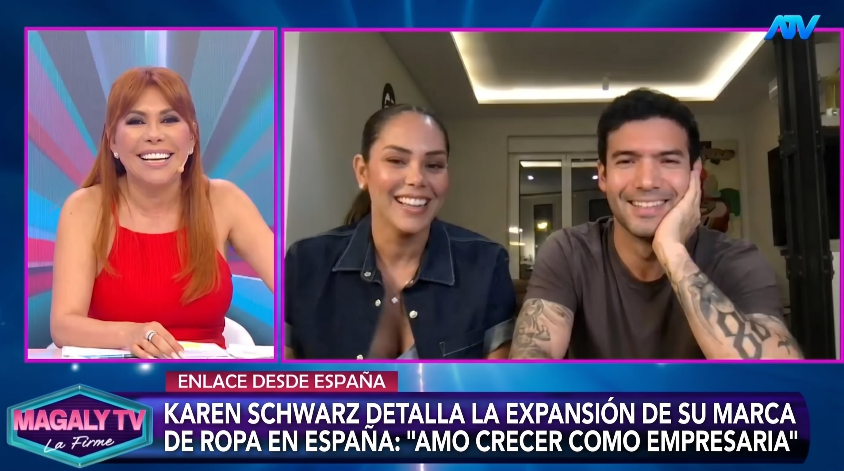 Karen Schwarz y Ezio Oliva sonríen en una entrevista para Magaly TV, detallando la expansión de su marca de ropa en España. (Imagen Ilustrativa Infobae)