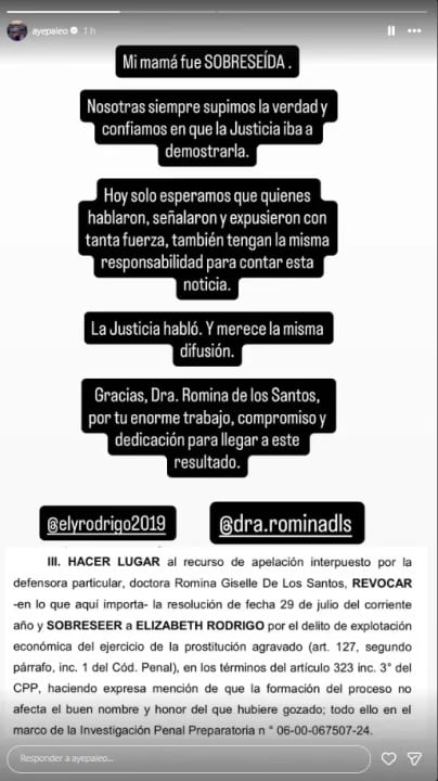 El posteo de Ayelén Paleo con el fallo sobre su madre