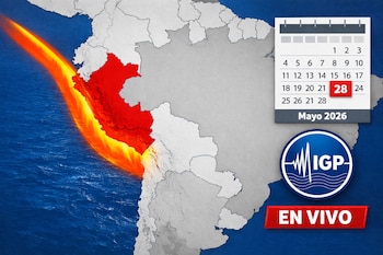 Un mapa de Sudamérica con Perú en rojo y el Cinturón de Fuego del Pacífico en naranja brillante. Se observa un calendario con el 28 de mayo de 2026 resaltado y el logo del IGP con la leyenda EN VIVO.