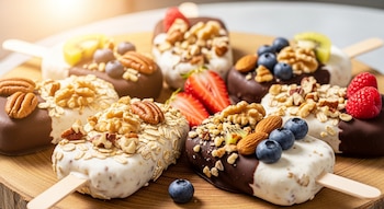Imagen de múltiples paletas heladas de yogur y avena. Algunas tienen chocolate y están decoradas con nueces, almendras, arándanos, fresas, kiwi, frambuesas.