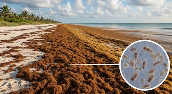Vista panorámica de una playa de arena blanca en el sur de Florida cubierta por extensas franjas de sargazo marrón, con agua turquesa y cielo nublado. Un círculo ampliado muestra "piojos de mar".