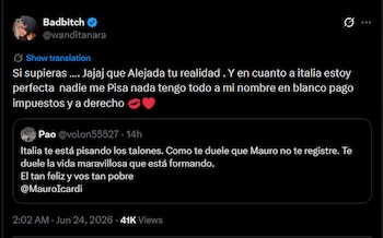 Captura de pantalla de red social con un mensaje de Wanda Nara respondiendo a un usuario que menciona a Mauro Icardi y a Italia