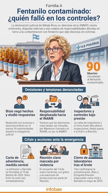 Infografía sobre el fentanilo contaminado con una ilustración de Nélida Bisio, ampollas de medicamento, íconos explicativos y texto en español.