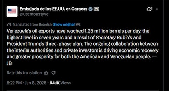 Captura de pantalla de un tuit de la Embajada de los EE.UU. en Caracas sobre el aumento de las exportaciones de petróleo de Venezuela