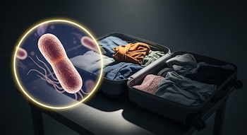 Una maleta abierta llena de ropa sobre una mesa de inspección oscura, con una imagen ampliada de una bacteria E. coli en un círculo luminoso en primer plano.