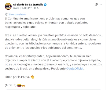 Abelardo de la Espriella respondió al mensaje de felicitación del presidente de Brasil, Luiz Inácio Lula da Silva, afirmando que la relación entre ambos países debe construirse sobre un trabajo conjunto, respetuoso y soberano - crédito @ABDELAESPRIELLA/X