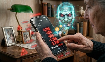 Manos de persona mayor sostienen un smartphone con una app de billetera de criptomonedas mostrando pérdidas y una cara digital de IA. Alertas de seguridad visibles