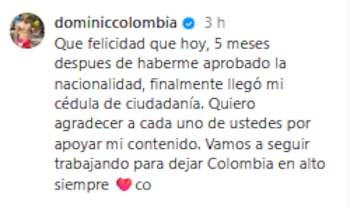 Este fue el mensaje de Dominic Fabián Wolf - crédito @dominiccolombia/Instagram