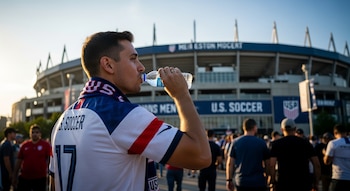 Un hombre joven con una camiseta blanca de Estados Unidos y una bufanda bebe de una botella de agua fuera de un estadio deportivo al atardecer.