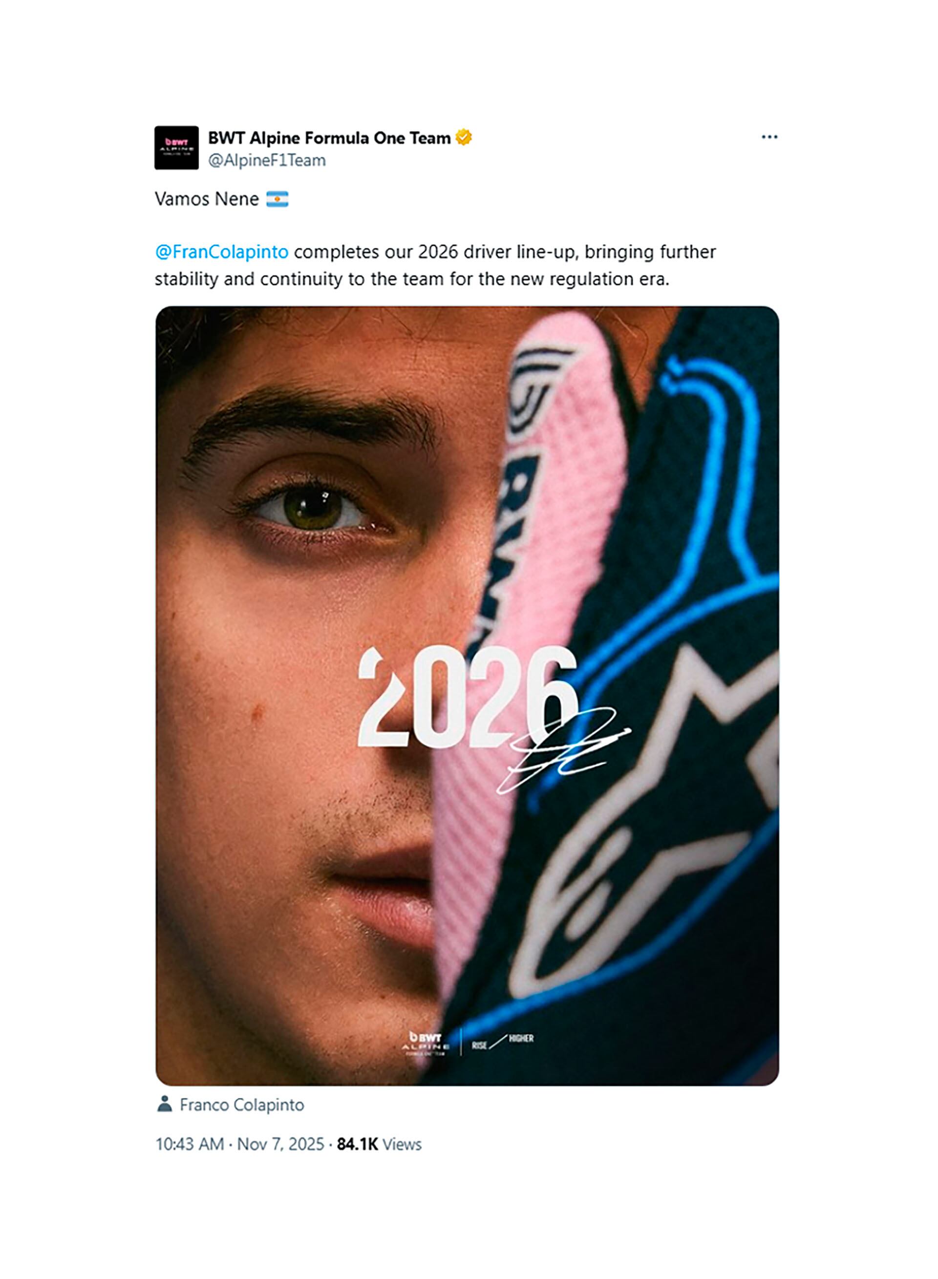 Alpine confirmó a Franco Colapinto como piloto titular para 2026