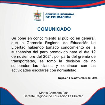 La Gerencia Regional de Educación de La Libertad decidió que las clases se desarrollarán de manera normal el día 12 de noviembre. (Foto: Gobierno Regional de La Libertad)