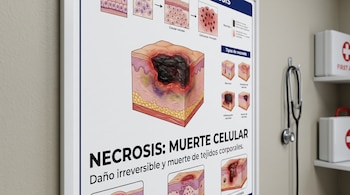 Póster sobre la necrosis con diagramas de piel lesionada, junto a un estetoscopio y botiquines en un consultorio.