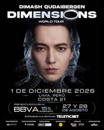 Afiche promocional con el rostro de Dimash Qudaibergen y texto que anuncia un concierto en Lima el 1 de diciembre de 2026