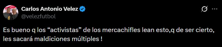 Carlos Antonio Vélez celebró que el concierto de Fonseca pasara para el Vive Claro el 24 de octubre - crédito @velezfutbol/X