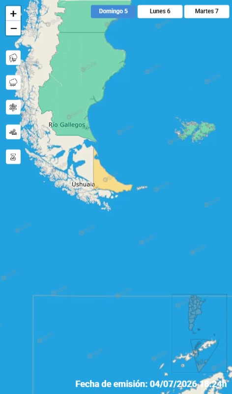 Un mapa del Servicio Meteorológico Nacional (SMN) pronostica alerta por viento en la provincia de Tierra del Fuego y gran parte de la Patagonia argentina para el 5 de julio de 2026.
